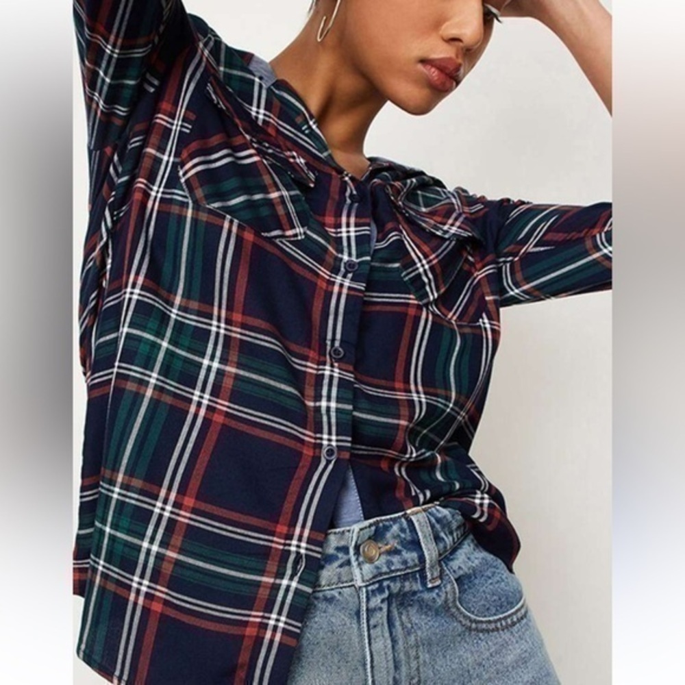 Lucky Brand Navy Blue Multicolor Plaid Button Up Flannel Shirt Size Large